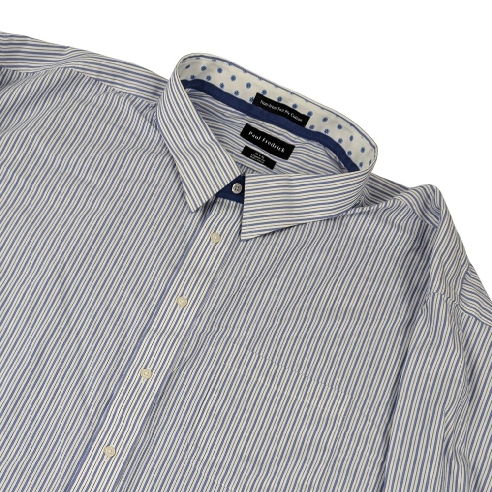 Paul Fredrick Mens Blue White Striped Non-Iron Cotton Dress Shirt 22x36 Classic